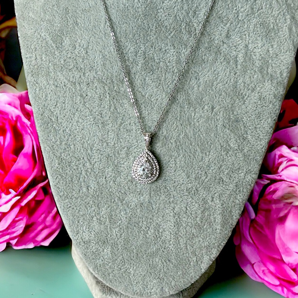Silver Layered Pear Halos Bridal CZ Necklace